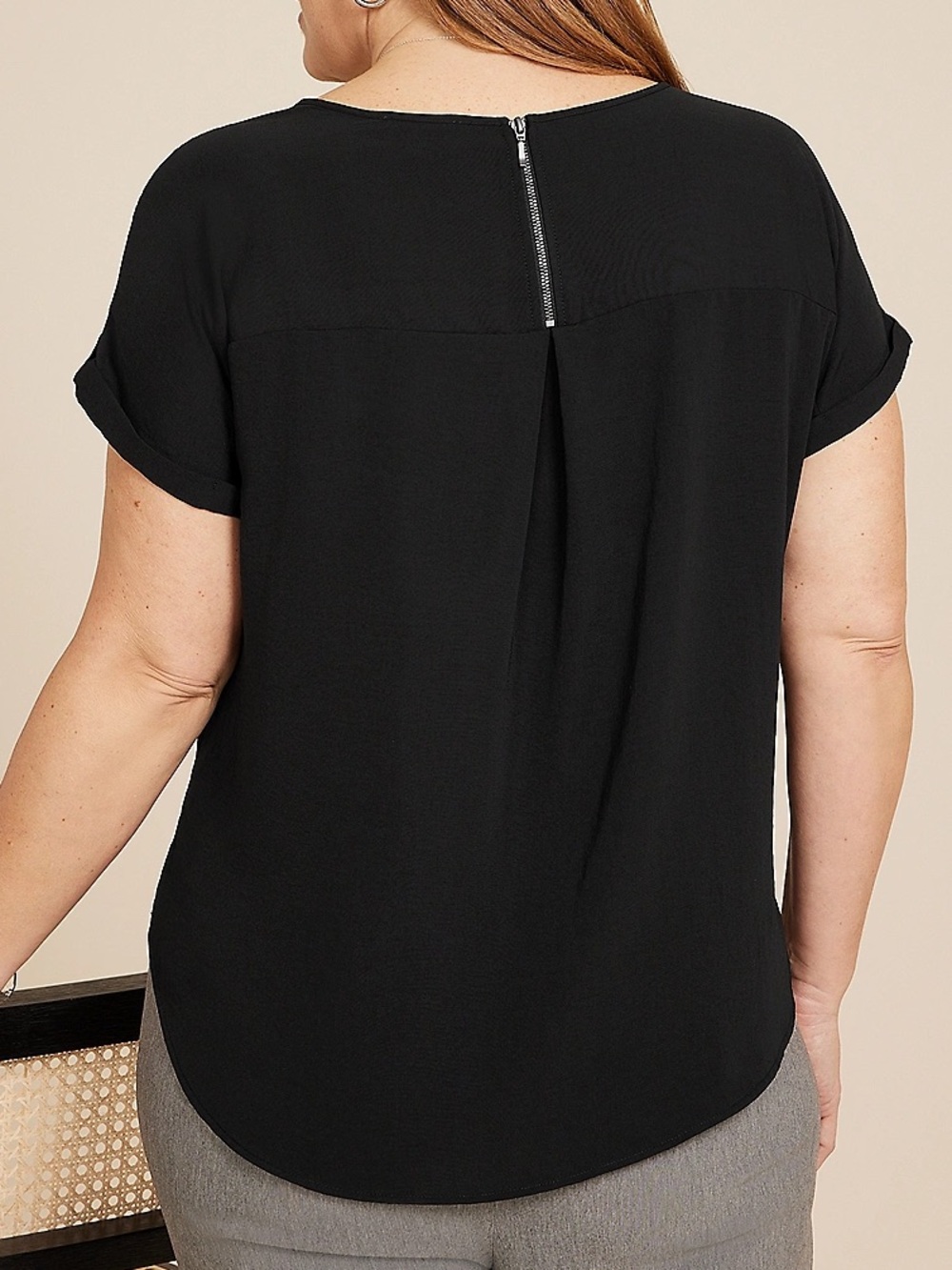 Maurices Shirt Blouse Womens L Black Cap Cuffed Sleeves Curved Hem 1/4 Back Zip